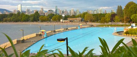 View of Vancouver, Kits Beach, from Kitsilano Beach pool.